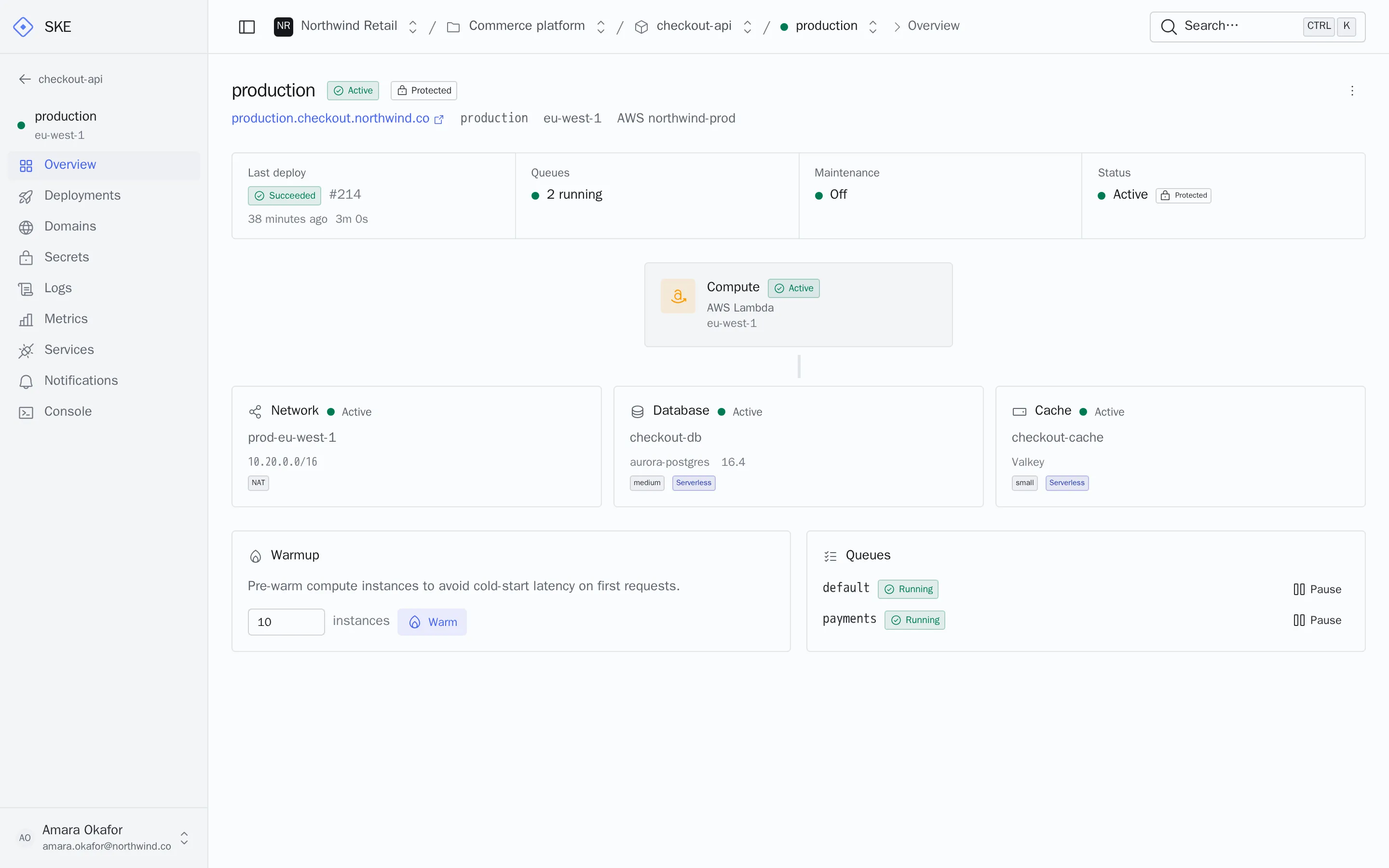 The SKE dashboard showing a protected production environment: last deployment, running queues, and the Lambda function, network, database and cache it uses in the customer's AWS account.